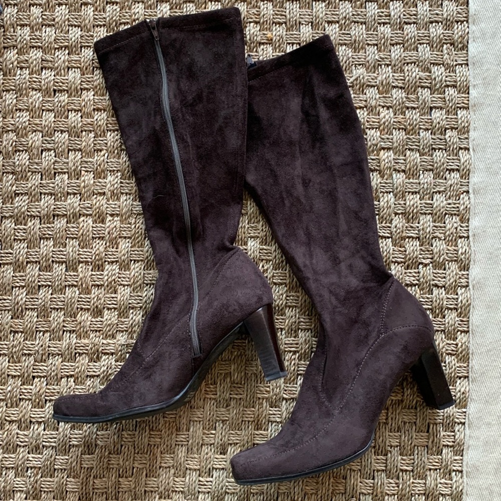 Franco Sarto Chocolate Brown Suede Heeled Zip Up Calf Boots Size 8.5 Square Toe
